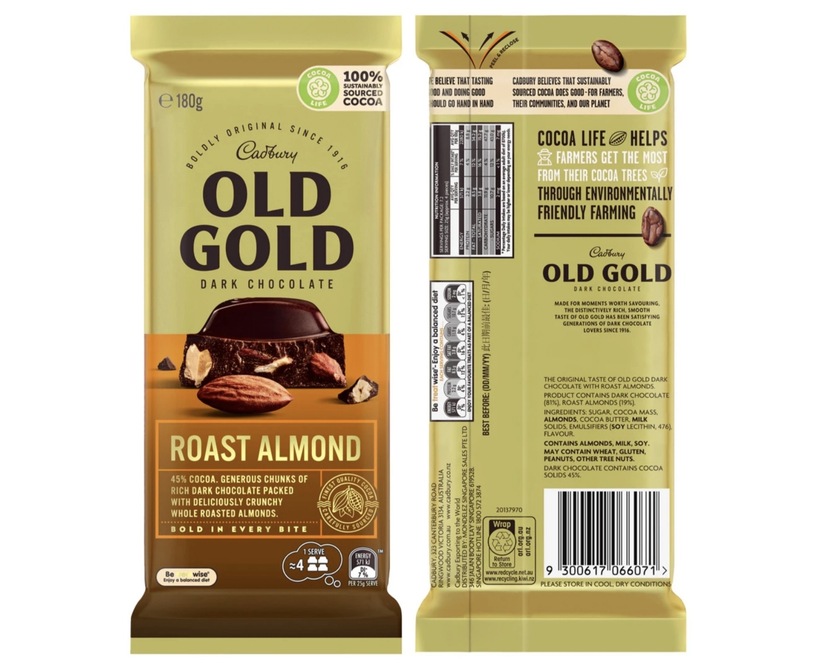 OLD GOLD Cadbury Roast Almond Dark Chocolate 180g